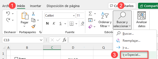 Ir a Especial en Excel