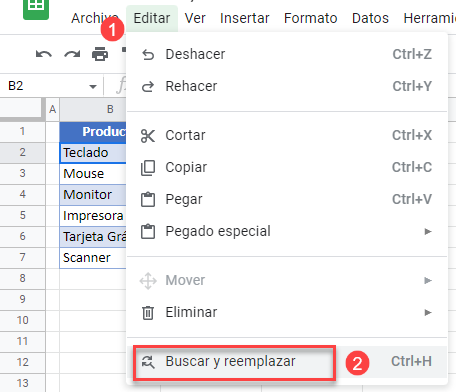 Menú Editar Buscar y Reemplazar en Google Sheets