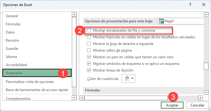 Ocultar Encabezados de Filas y Columnas Desde Menú Opciones en Excel