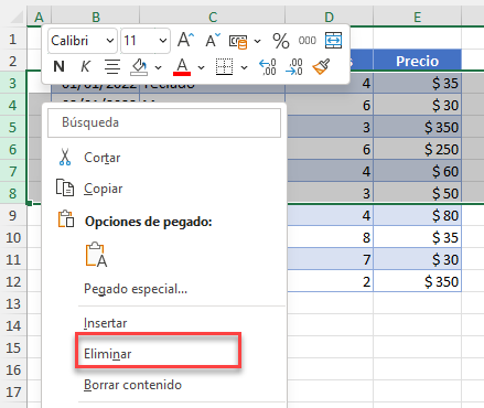 Opcion Eliminar Filas Seleccionadas en Excel
