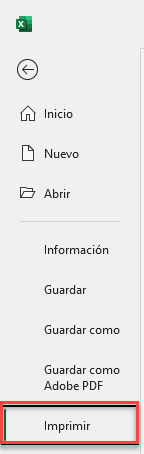Opción Imprimir Menú Opciones en Excel