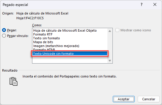 Pegar Texto Unicode sin Formato en Word
