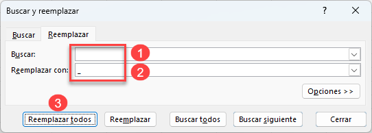 Reemplazar Espacio por Guión Bajo en Excel Paso1