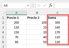 Resultado Arrastrar Fórmula de Suma en Excel