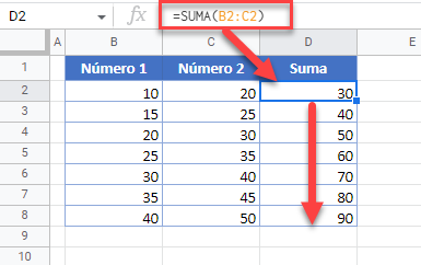 Resultado Arrastrar Fórmula de Suma en Google Sheets