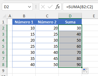 Resultado Doble Clic en Fórmula de Suma Hacia Abajo en Excel