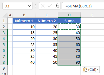 Resultado Pegar Fórmula de Suma en Excel