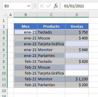 Resultado Seleccionar Constantes con Ir A Especial en Excel