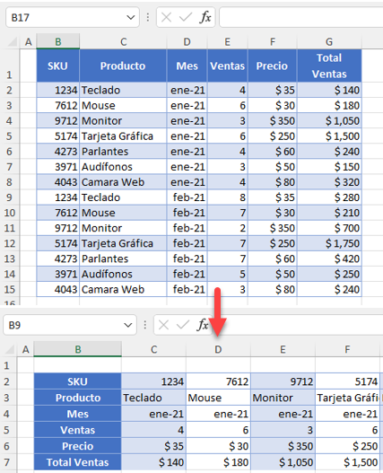 Rotar Tablas de Datos Fila a Columna en Excel y Google Sheets