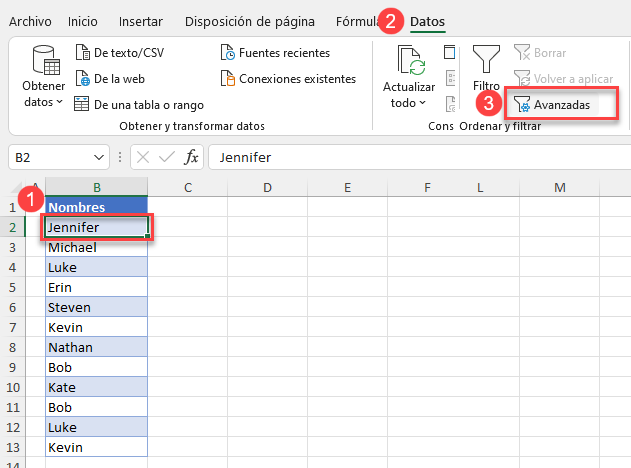 Seleccionar Filtro Avanzado en Excel