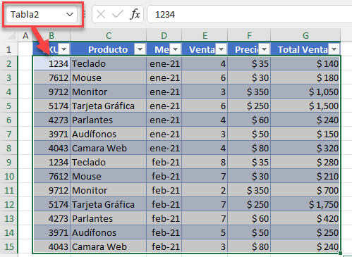 Tabla2 Seleccionada con Función Ir A en Excel