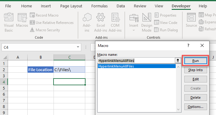 VBA hyperlink run