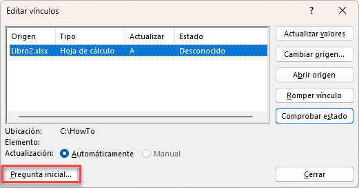 Ventana Editar Vínculos en Excel Ej Actualizar Vínculos