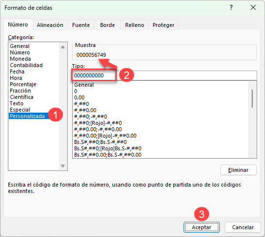 Ventana Formato de Celdas Agregar Ceros Izquierda en Excel