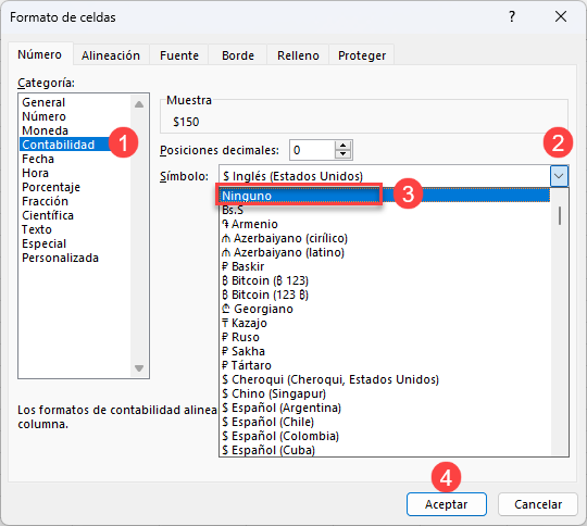 Ventana Formato de Celdas Contabilidad Ninguno en Excel