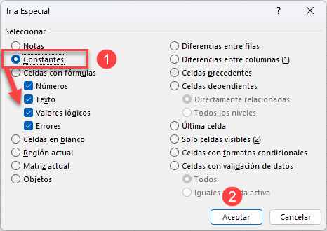 Ventana Ir a Especial Celdas con Constantes en Excel