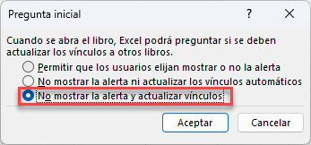 Ventana Pregunta Inicial Editar Vínculos en Excel