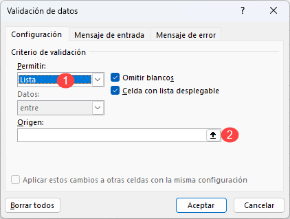 Ventana Validación de Datos en Excel