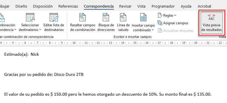 Vista Previa de Resultados de Combinar Correspondencia en Word