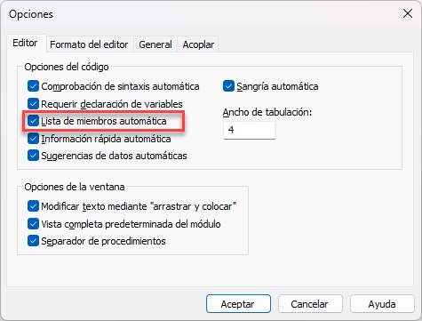 Opciones Editor VBA Excel