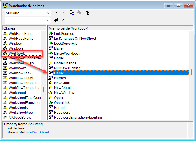Propiedad Name Objeto Workbook VBA