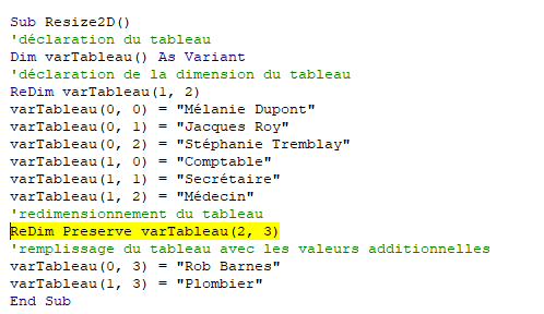 exemple erreur redimensionnement derniere dimension tableau2d debug