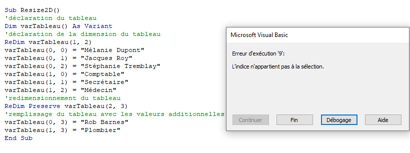 exemple erreur redimensionnement derniere dimension tableau2d