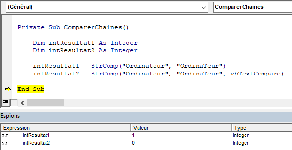 exemple fonction strcomp comparaison methode texte binaire