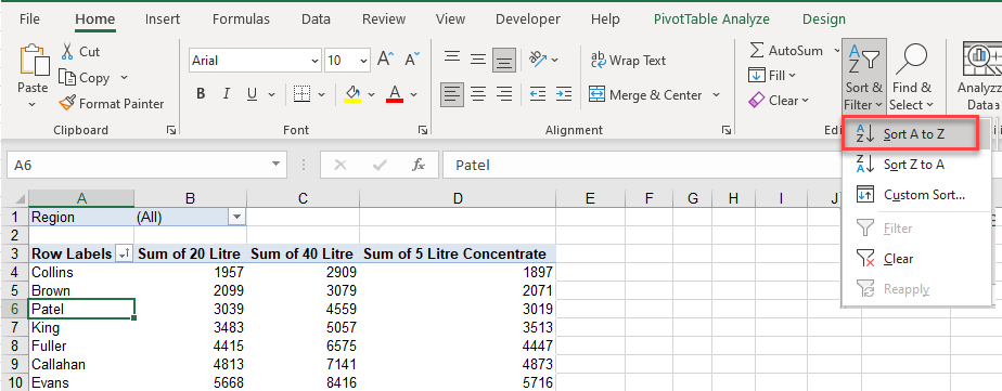 pivot sort ribbon