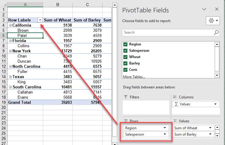 pivot sort row fields