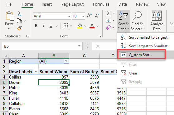 pivot sort values custom sort