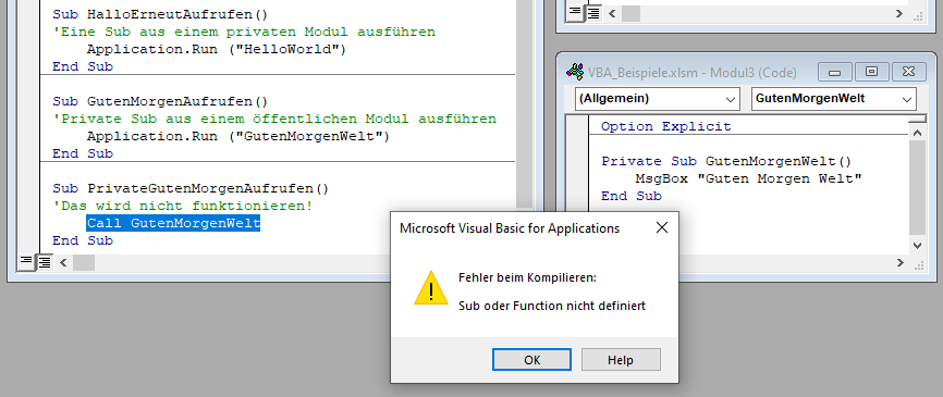 vba private sub kopilierfehler