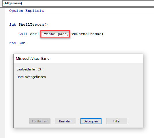 vba shell schreibfehler