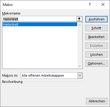 vba sub in Makrofenster