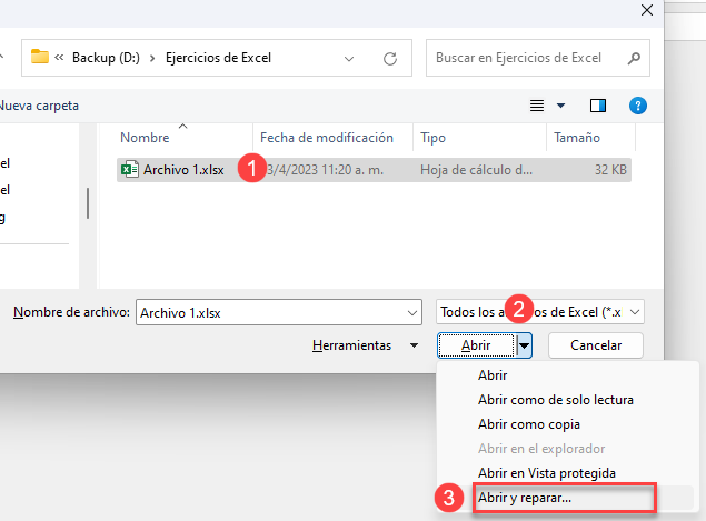 Abrir y Reparar Archivo en Excel