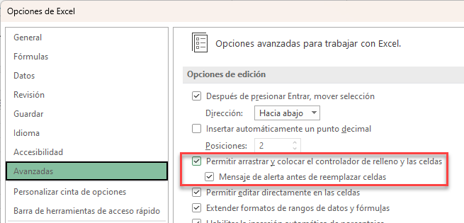 Activar Controlador de relleno en Excel