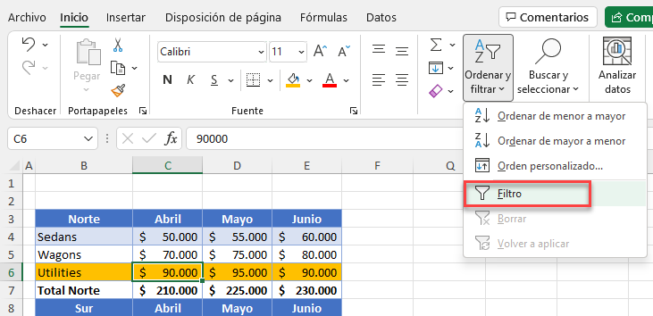 Activar Filtro en Excel