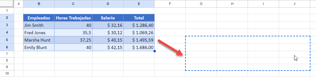 Arrastrar Tabla hasta Rango Destino en Google Sheets