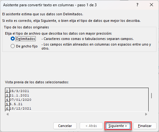 Asistente para Convertir Texto en Columnas Paso 1 de 3 en Excel