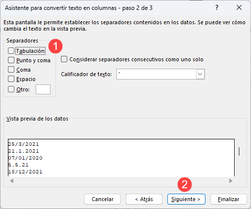 Asistente para Convertir Texto en Columnas Paso 2 de 3 en Excel