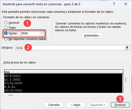 Asistente para Convertir Texto en Columnas Paso 3 de 3 en Excel