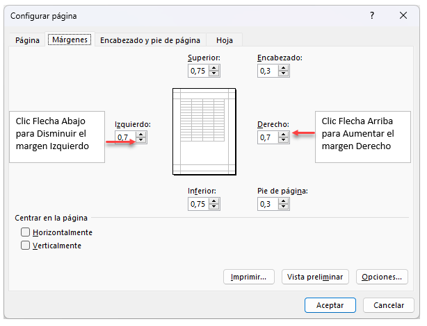 Aumentar o Disminuir Márgenes en Excel