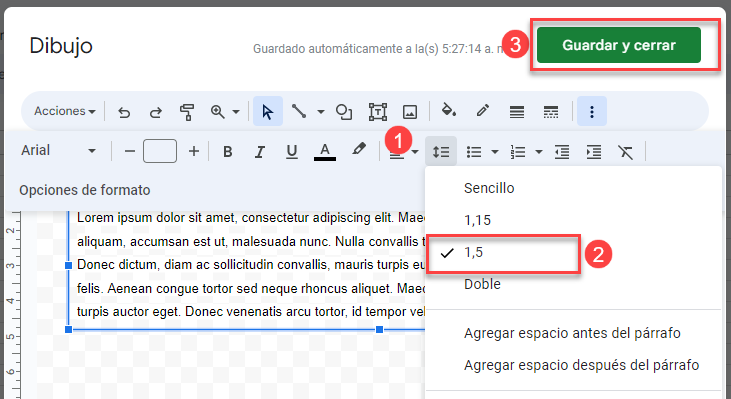 Cambiar Espacio de Interlineado en Cuadro de Texto en Google Sheets