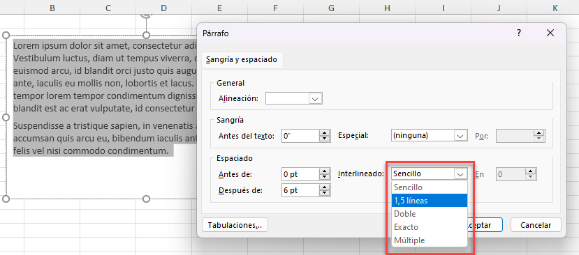 Cambiar Interlineado de Párrafo en Cuadro de texto
