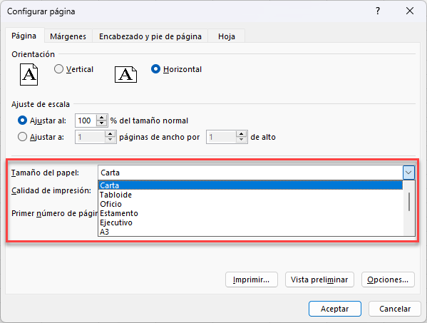 Cambiar Tamaño Página en Excel