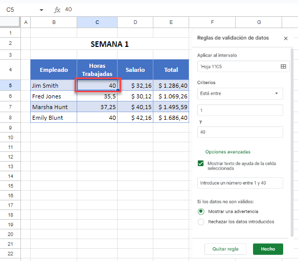 Celda con Validación de Datos en Google Sheets