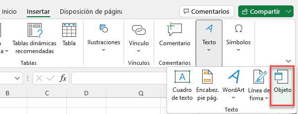 Comando Insertar Objeto en Excel