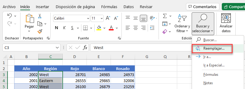 Comando Reemplazar en Excel