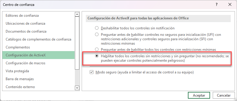 Configuración de ActiveX
