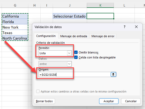 Configuración de Validación de Datos en Excel